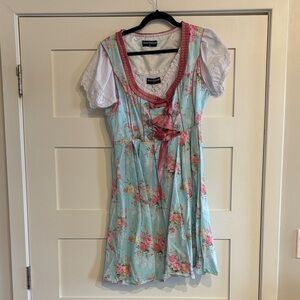 3 Piece Elegant Floral Dirndl Dress with Pink and Blue Accents